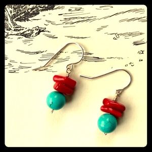 NWT Turquoise & Red Coral Silver Drop Earrings